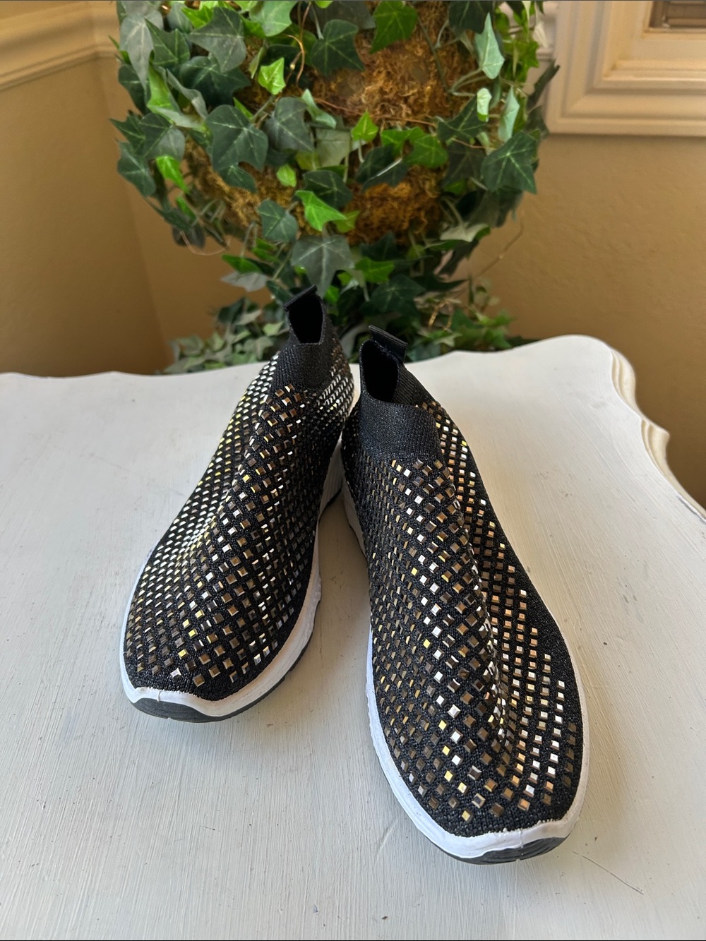 Atalina Black Slip-On Mesh Sneakers Featuring Sparkly Rhinestone with White Sole - Picture 11 of 11